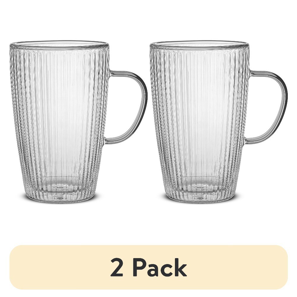 Ribbed Double Wall Glass Mug with Handle, Insulated Hot & Cold Drinking Glass,