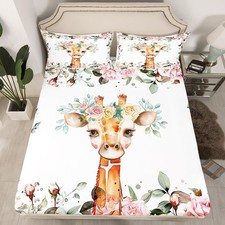 Cute Giraffe Fitted Sheet Set Pink Rose Bed Sheets Twin Size Girls Kids,Carto...
