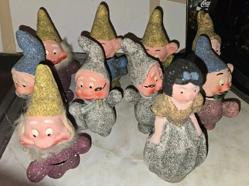 Vintage Putz Glitter Snow White Seven Dwarfs Christmas Candy Container 9 TOTAL