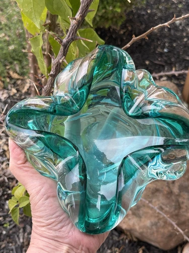 Vtg Murano Sommerso Ashtray Glass Turquoise Blue Green Trinket Dish Bowl Heavy