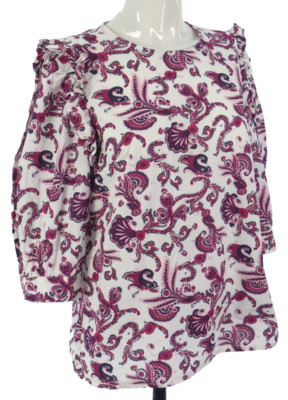 Bash Bluse Paisley Rym Ecru Rot Blumen Rüschenbesatz Puffärmel Bohemian UK 10 M