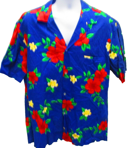 Royal Creations Hawaiian Shirt, S/S, Large, Blue w/Red & Yellow Flowers
