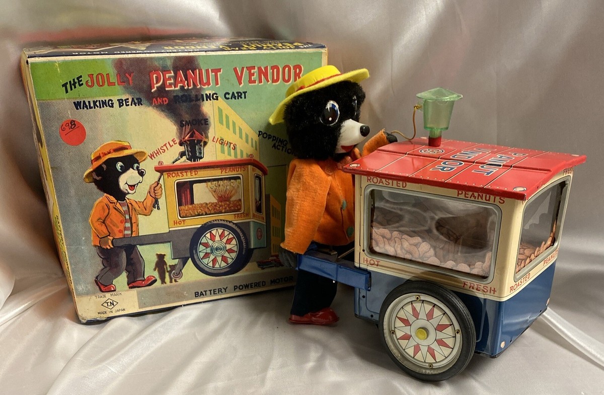 Vintage 1950's Battery Oper 'The Jolly Peanut Vendor' Bear Tin