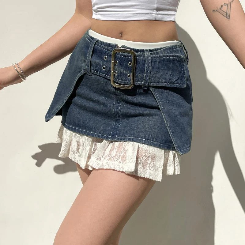 Belted Low Waist Micro Mini Skirt Aesthetic Clothes Women Summer Y2K Denim Skirt - Image 4 of 4