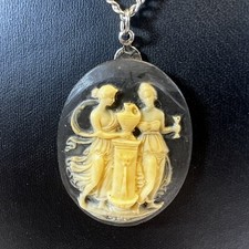 Vintage Black Resin Cameo Pendant Necklace Victorian Revival