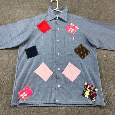 VINTAGE King Kole Shirt Mens M Blue Long Sleeve Patchwork Chambray