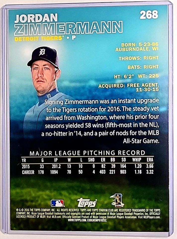 Topps Stadium Club 2016 5x7 dorado #268 Jordan Zimmerman/10 Detroit Tigers 7x5 Foto 2 de 3
