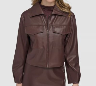 Calvin Klein Women's Brown Lined X-Fit Faux-Leather Full-Zip Jacket Size 2