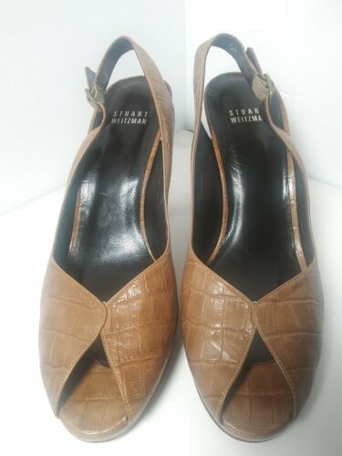 Stuart Weitzman Leather Peeptoe Light Brown Slingback Platform Pumps Size 9M - Picture 3 of 9