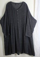 New Eskandar Sz 2 Gray Black Linen Gauze A-line French Coat Jacket Dress
