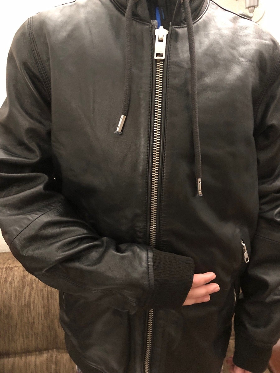 NEW MEN'S $598 Diesel Mens Hooded Leather Lambskin Jacket Akura