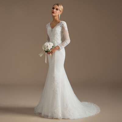 V Neck Mermaid Wedding Dress Long Sleeve Beaded Tulle Bridal Gown With Train