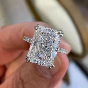 Authentic 14K White Gold Plated 4Ct Radiant Cut Lab Created Diamond Solitaire Wedding Ring