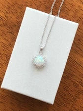 925 Sterling Silver White Opal Halo Pendant Necklace Cz 10mm 16-18" Simulated