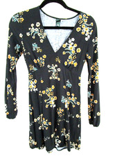 Wild Fable Black Floral Long Balloon Sleeve V Neck Knee Length Casual Dress XS
