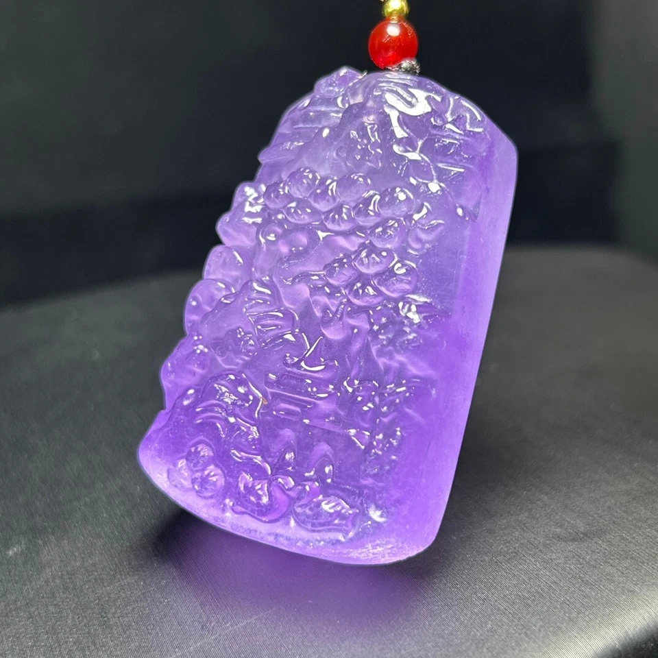 Colgante y collares de paisaje tallado jadeíta púrpura hielo natural real Foto 2 de 4