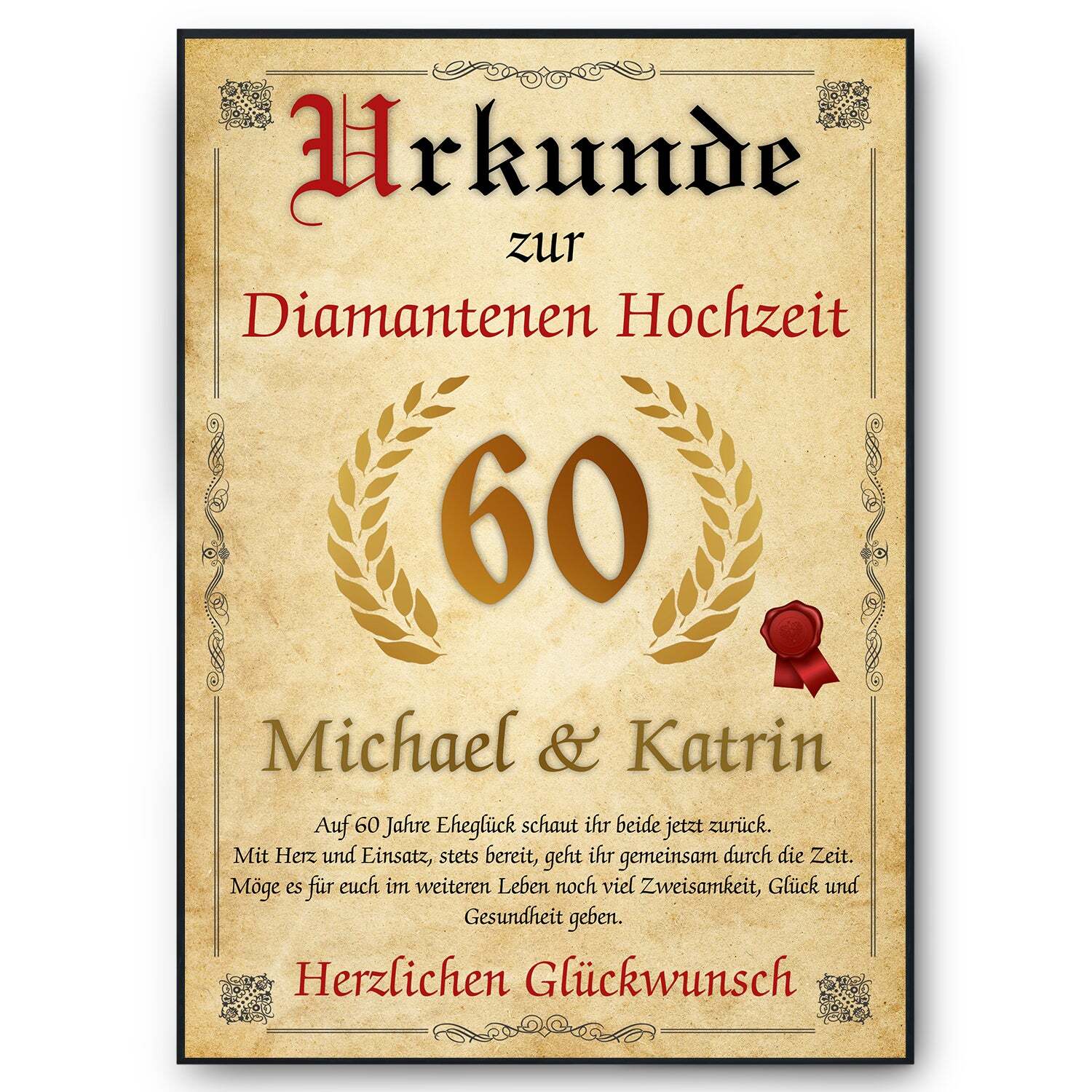 Personalisierte Urkunde zum 60. Hochzeitstag Geschenk Diamante Hochzeit Karte 60