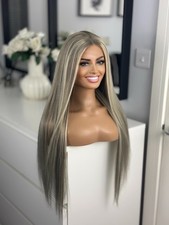 Balayage Ash Platinum Silver Grey Blonde Lace 24” 30” 100% Human Long Hair Wig