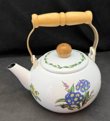 White Enamel Tea Kettle With Floral Design and Wooden Handle