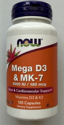 NOW Supplements, Mega D-3 & MK-7 5000 IU / 180 mcg Vitamins K2 & D3 120 Capsules