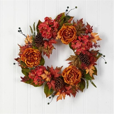 Pemberly Row 25'' Fall Ranunculus/Hydrangea & Berries Autumn Artificial Wreath