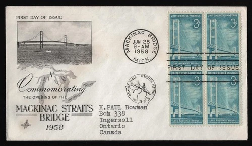 #1109 3c Mackinac Bridge-Blk 4, Art Craft-to Canada FDC **ANY 5=FREE SHIPPING**