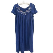 Vtg Vanity Fair Nightgown Womens L Blue Flutter Floral Embroidered Coquette USA