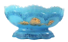 Northwood Chrysanthemum Sprig Bowl Pagoda Blue Custard w Gold EAPG 1889