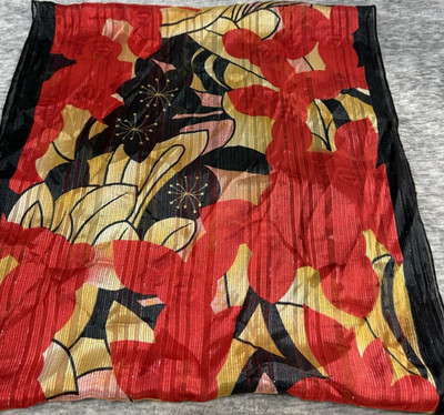Armani Viscose Silk Rectangle Scarf Red Black Yellow Beige Floral Pattern Women