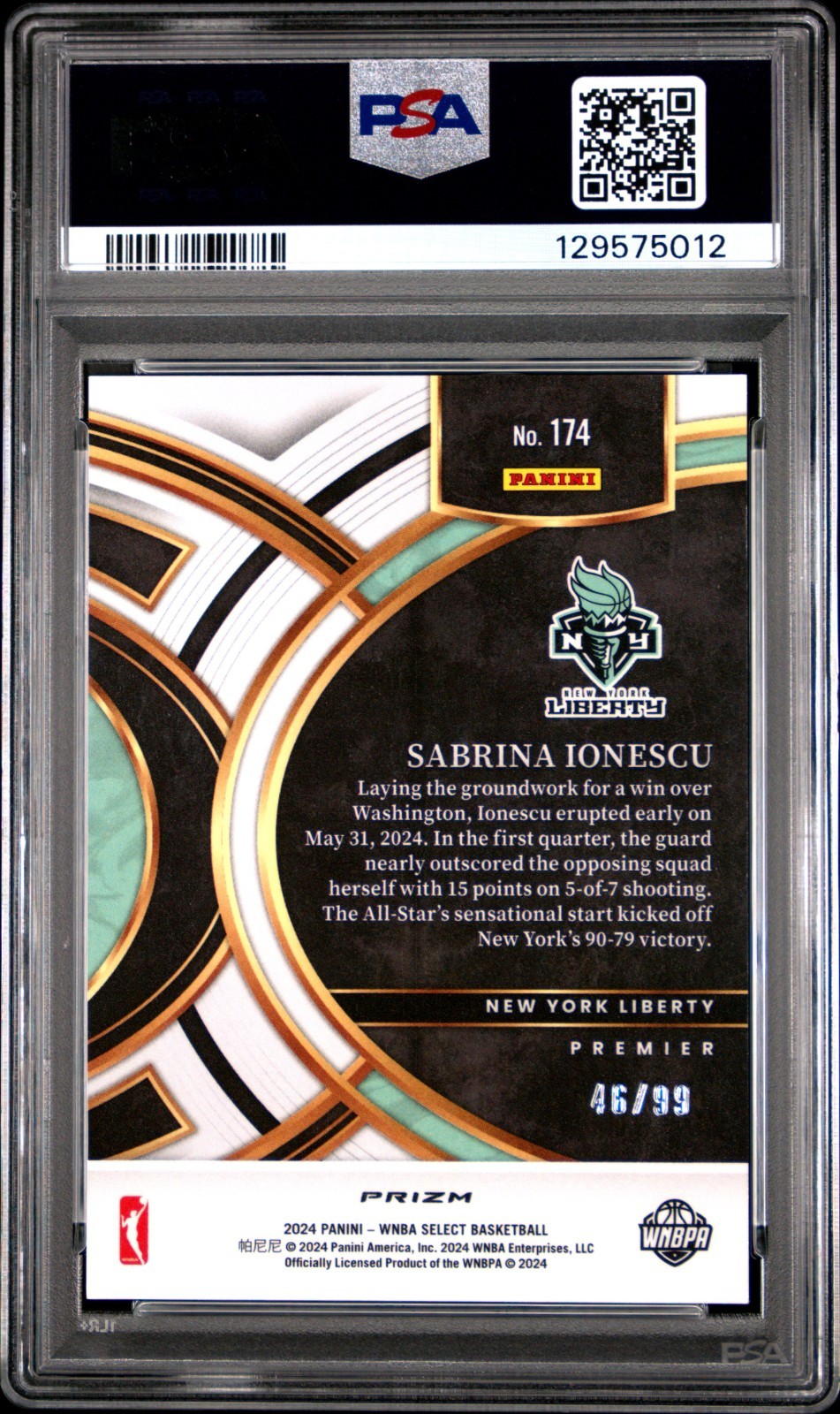 2024 PANINI SELECT WNBA SABRINA IONESCU #174 PINK & PURPLE PRIZM 46/99 PSA 9 view 2