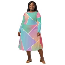 All-over print long sleeve midi dress-glass pattern