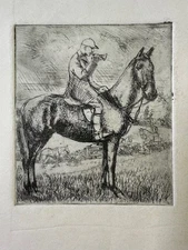 Rare Mini Etching of a Horse Jockey Sitting Atop a Horse Kentucky Derby