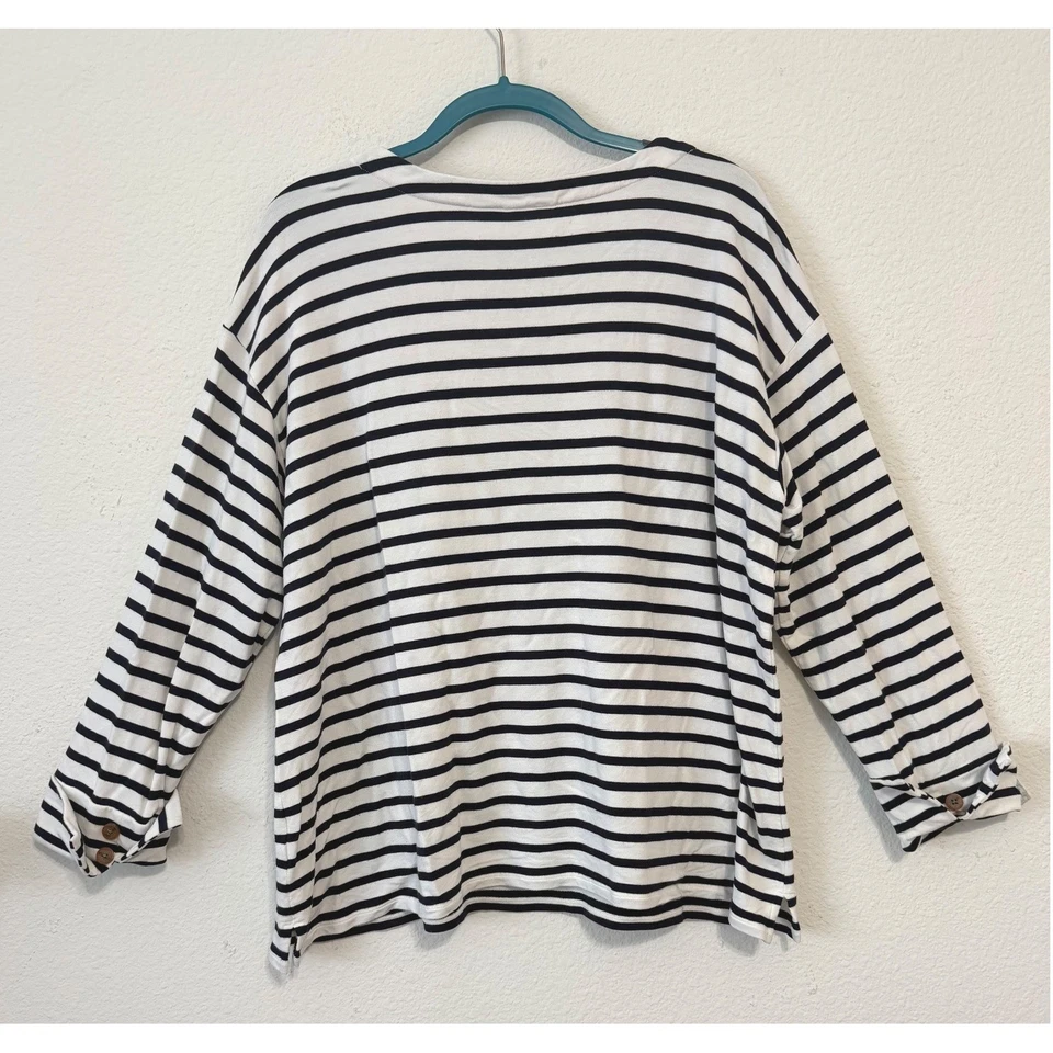 Camisa Top Jill Rayas Manga Larga Cuello Redondo XL Negra Blanca Navegación Playa Foto 2 de 4