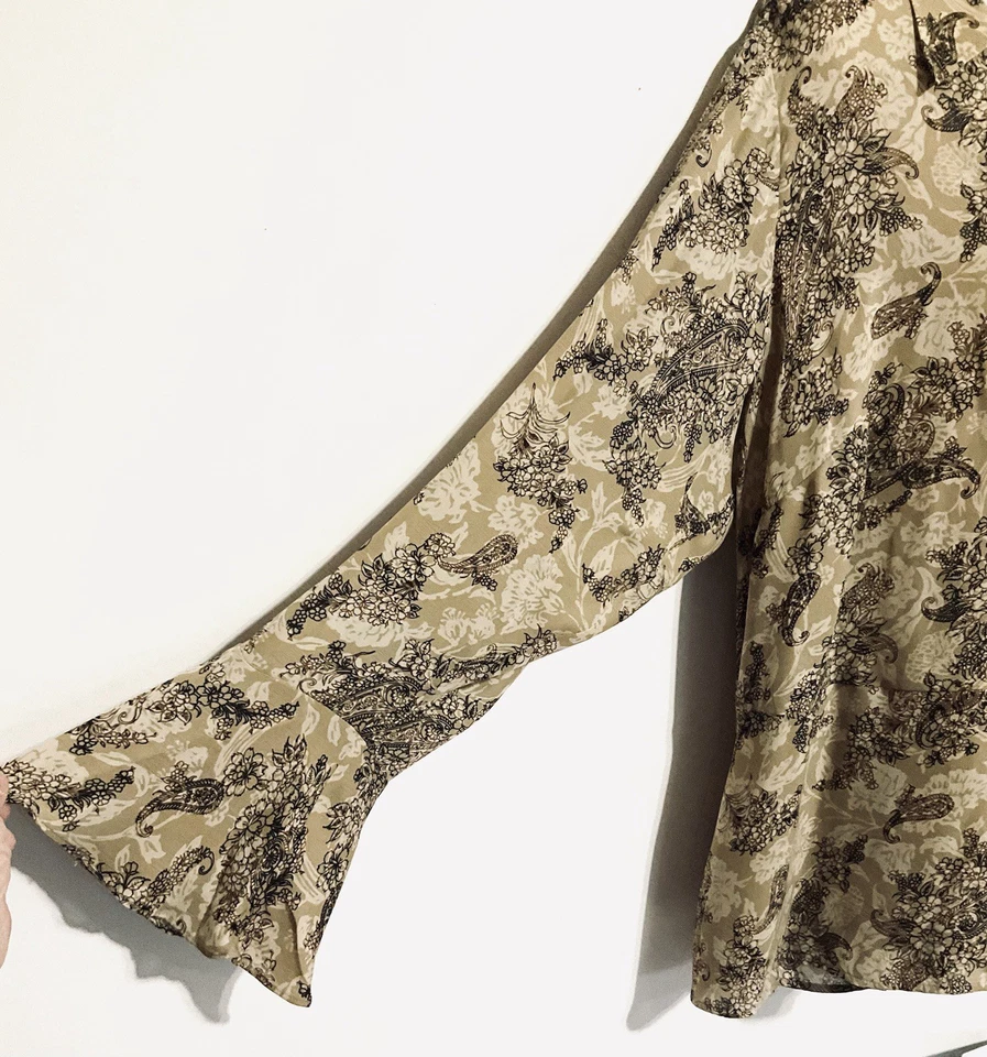 Blusa Venezia 22/24 Seda Tostado Negro Paisley Frontal Cruz Manga Larga Flutter Nueva Foto 4 de 4