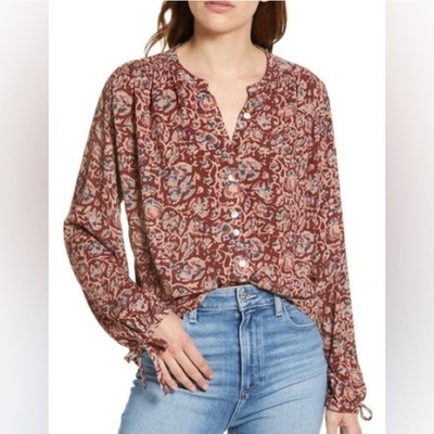 Faherty Everleigh Floral Tie Cuff Blouse Merlot Bordeaux Floral Women's Small