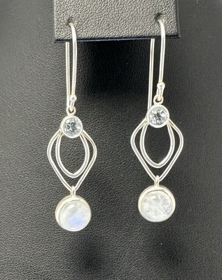 Sterling Silver SJ 925 Moonstone & Blue Topaz Round Bezel Set Drop Earrings