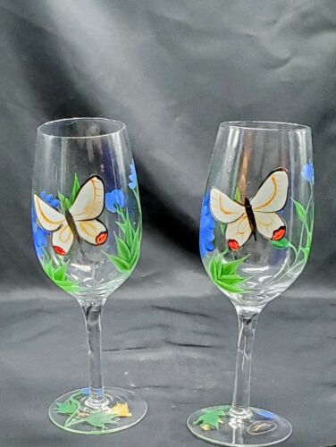Butterflies and Flowers Hand Painted Wine Glasses Set of 2 - 20 oz. Wine Glasses