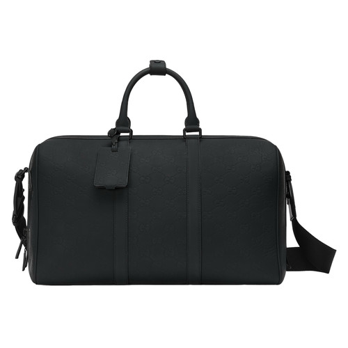 GUCCI $3650 Black GG Rubber-Effect Leather Medium Duffle Bag New & Authentic