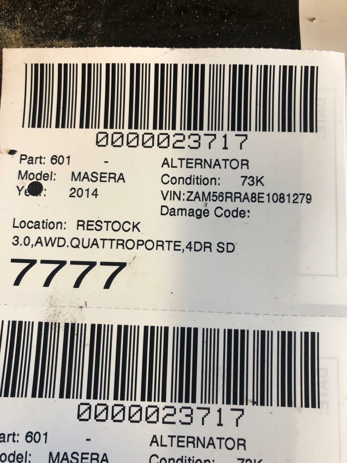 14 MASERATI Alternator 3.0L AWD QUATTROPORTE