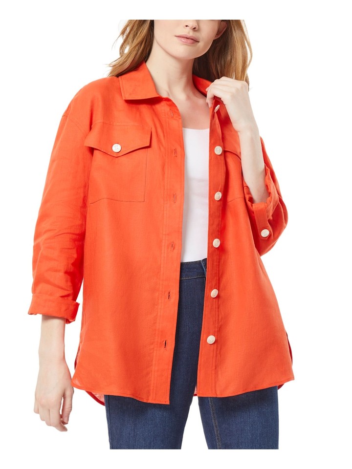 JONES NEW YORK Womens Orange Unlined Round Hem Rolltab Sleeve Button