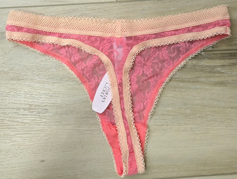 Calcinha fio dental de renda vintage Y2K Victoria's Secret rosa laranja nylon transparente nova com etiquetas P - Imagem 2 de 3