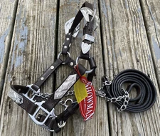 Pony size dark brown leather Western show halter w/silver overlay, lead