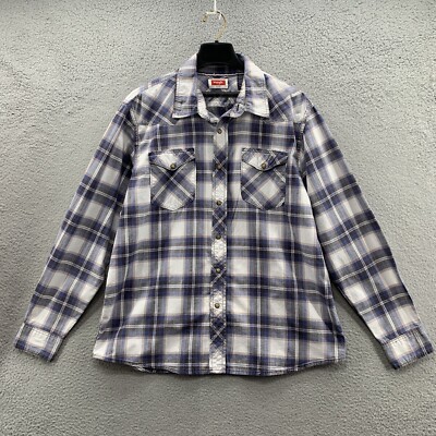 Wrangler Mens Shirt Size XL Blue White Plaid Rancher Pearl Snap Button Up Logo