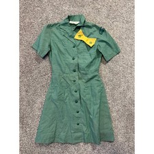 Vintage Girl Scouts Uniform Dress Girls 7  Green Short Sleeve Bow Tie Badge US 