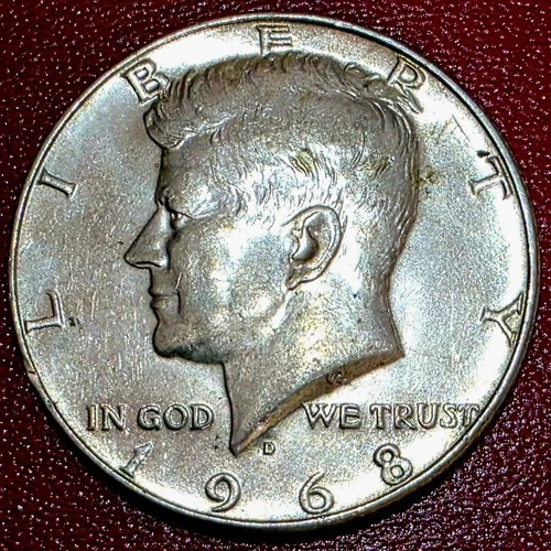 1968D Kennedy 1/2 Dollar, 40% SILVER, About Uncirculated                   #5657