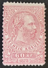 AUSTRIA 1873 Mint LH Telegraph Stamp 60 Kr Rose Michel #7 CV €2500 Rare!