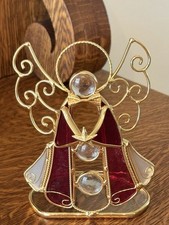 Christmas Stained Glass Angel Tea Light Candle Holder Gold Star Charm 6" Tall