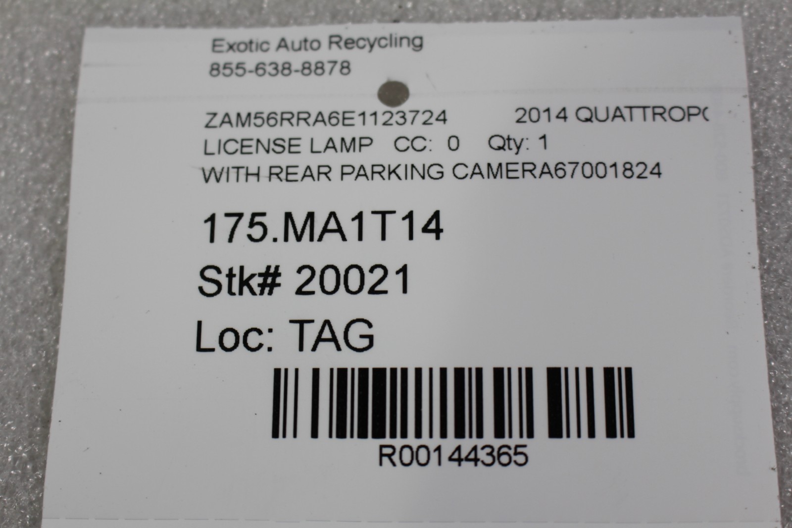 2014 Maserati Quattroporte, License lamp w/Camera, Used, P/N 670018242