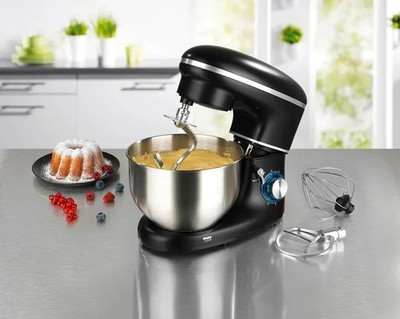 Schwarze Küchenmaschine 6L Edelstahlschüssel - 1.500 WATT mit Planetenrührwerk