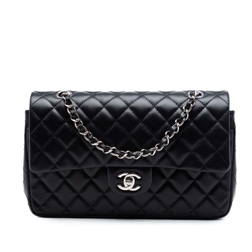 Chanel Medium Classic Lambskin Double Flap Pre-Loved Shoulder Bag Black
